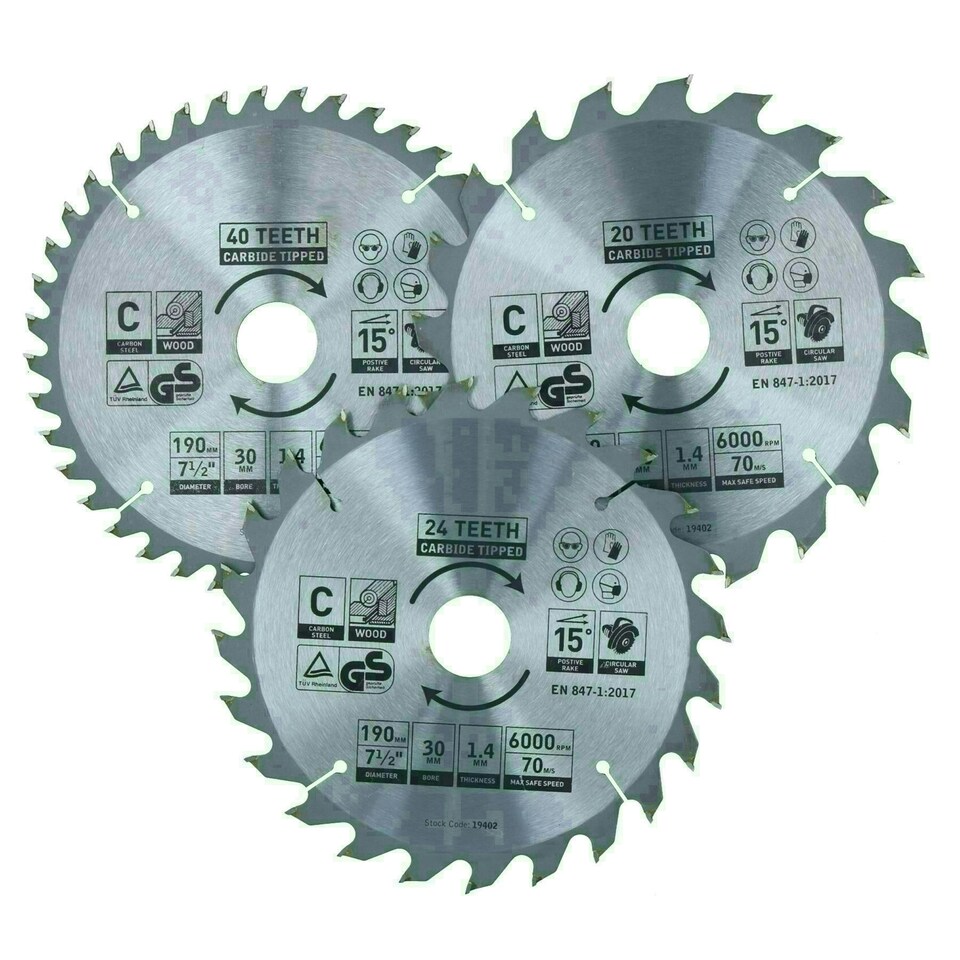 image 1 of Circular Saw Blade 190mm x 30mm 20 24 40 teeth TCT Cutting Disc Wood 3pc