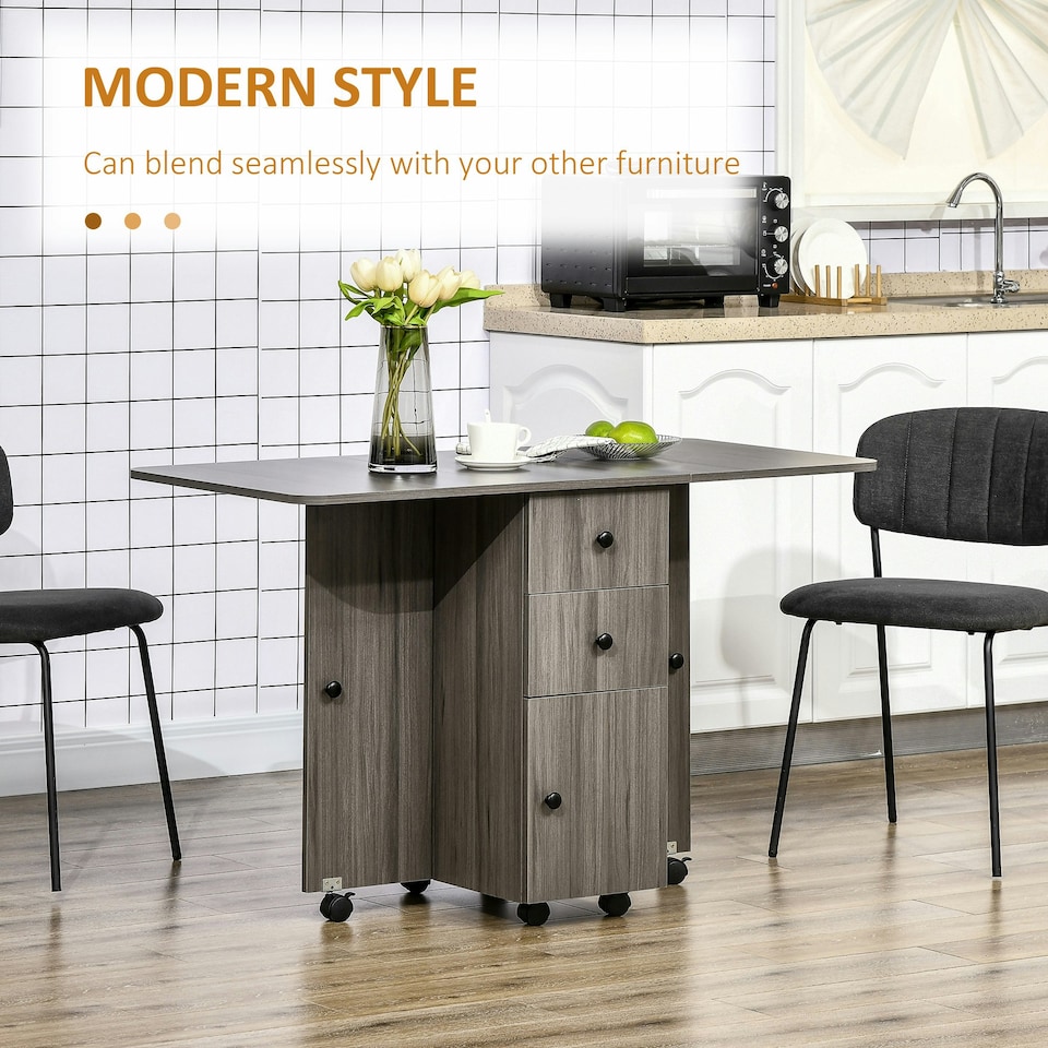 image 1 of HOMCOM Folding Dining Table, Drop Leaf Table With Storage Drawers Grey