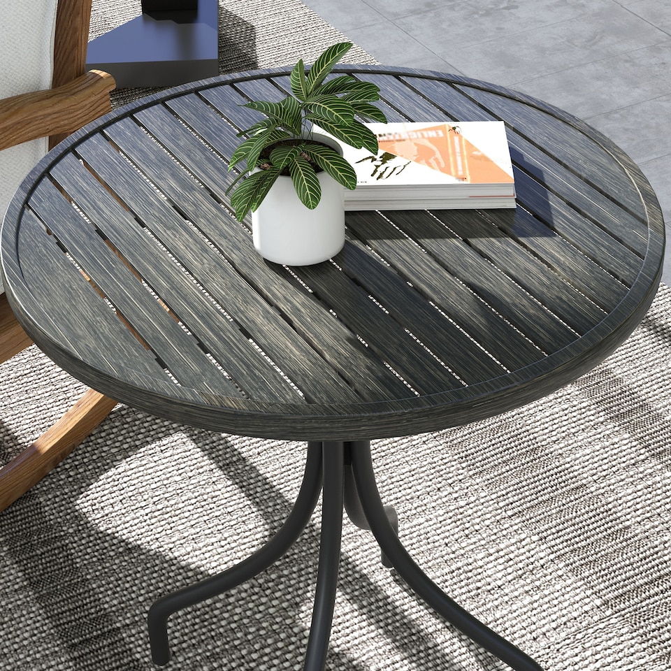image 1 of Outsunny 66cm Diameter Garden Side Table, Round Bistro Coffee Table, Outdoor Patio Table with Steel Frame and Slat Tabletop for Balcony and Porch, Grey Wood Grain | Grey | Grey Wood Grain