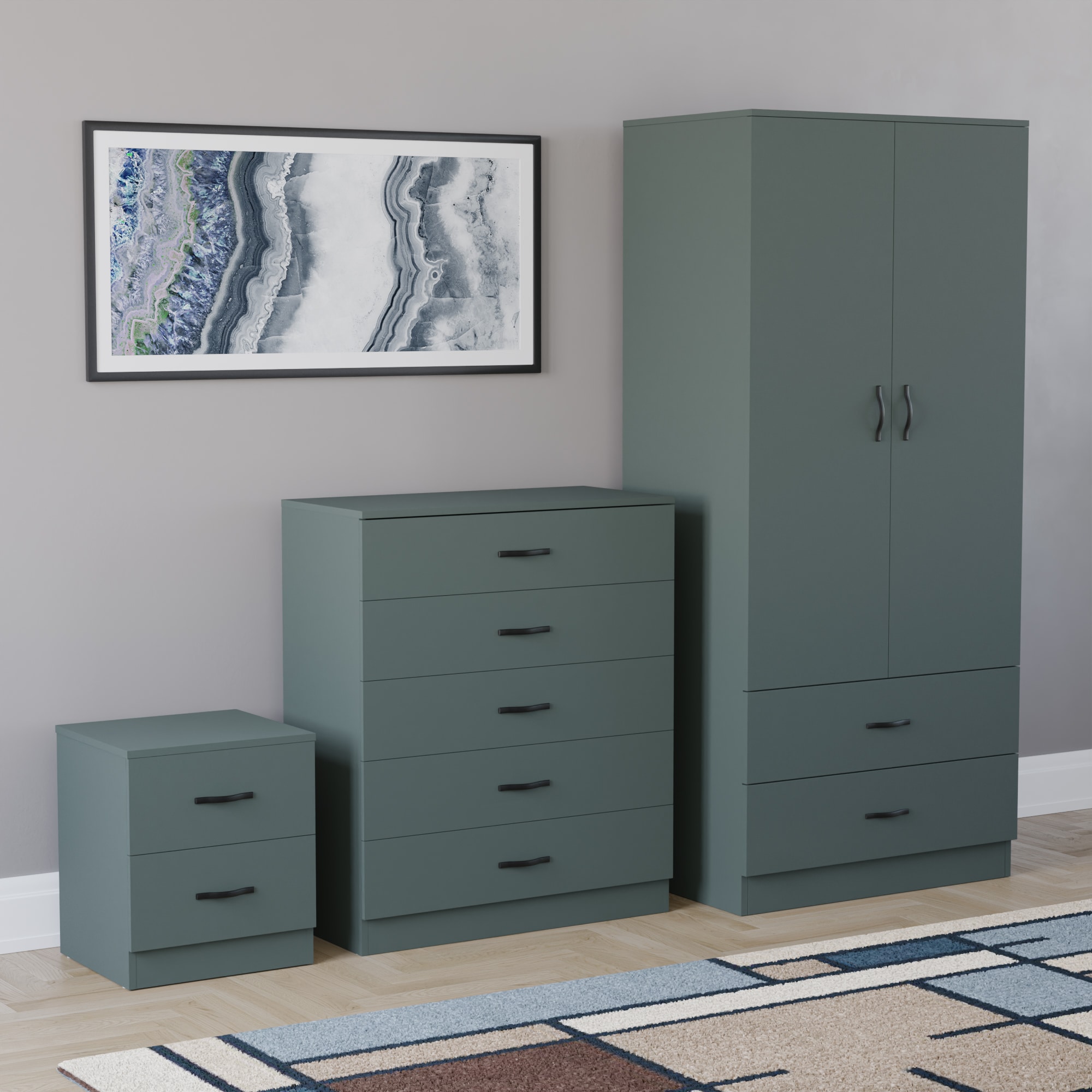 Vida Designs Riano 3 Piece Bedroom Set (2 Drawer Bedside Chest, 5 Drawer Chest, 2 Door 2 Drawer Wardrobe) - Green