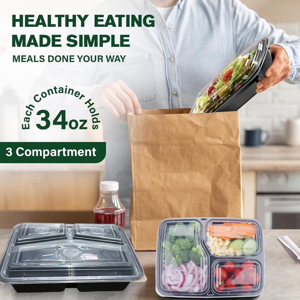 image 1 of 34oz Black 3 Compartment Meal Prep Containers With Lid Plastic Microwave Safe Food Storage Box 50pc