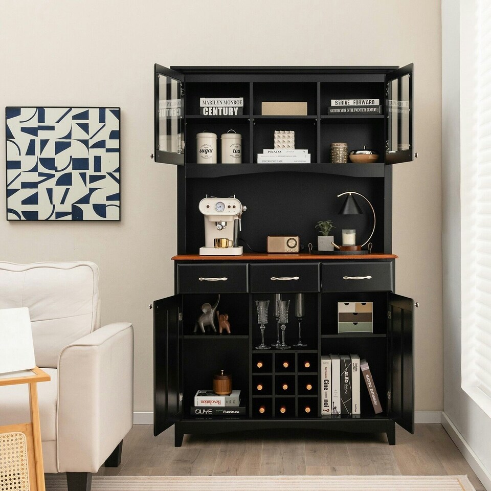 image 1 of COSTWAY Kitchen Cupboard with Adjustable Shelves and Drawers Black