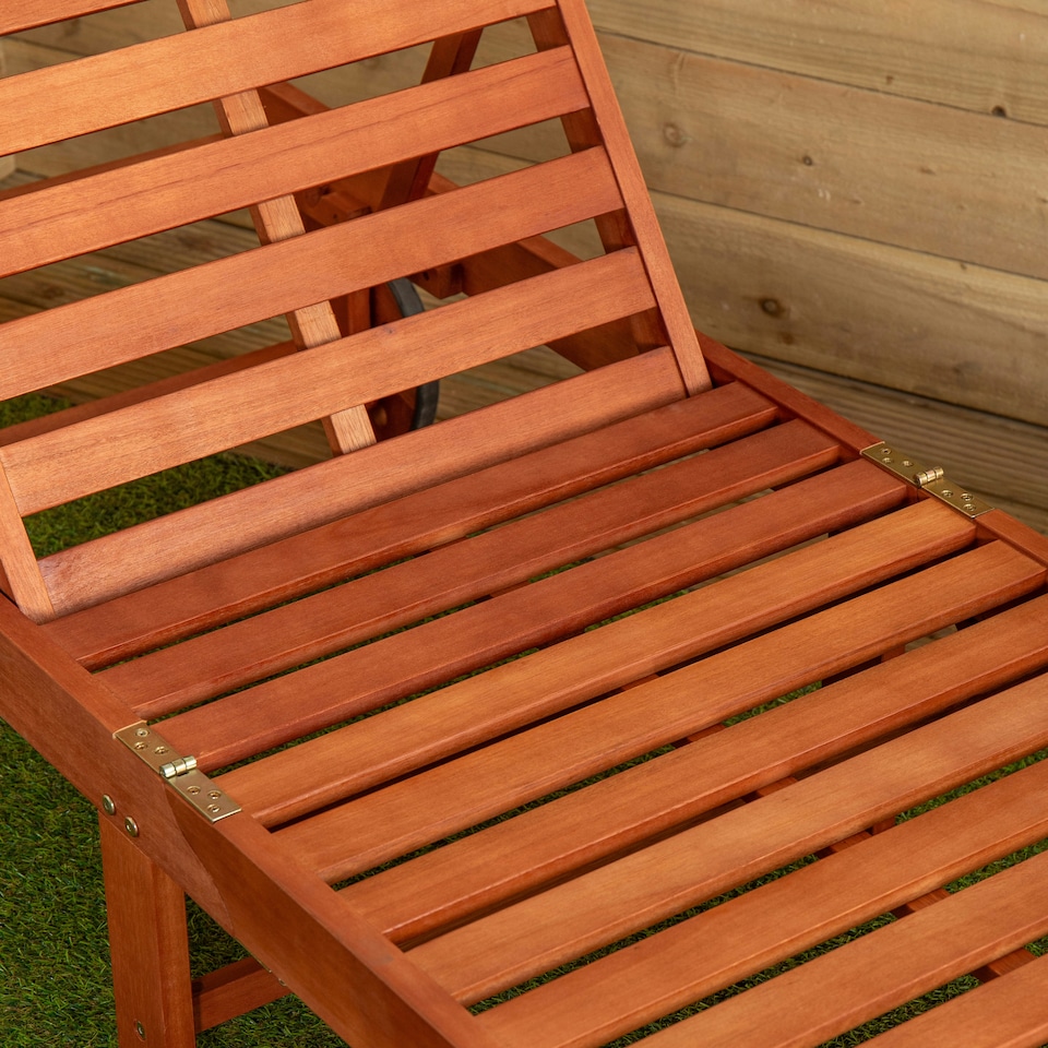 image 1 of 1.9m x 0.6m Outdoor Wooden Adjustable Foldable Sunlounger with Wheels Brown