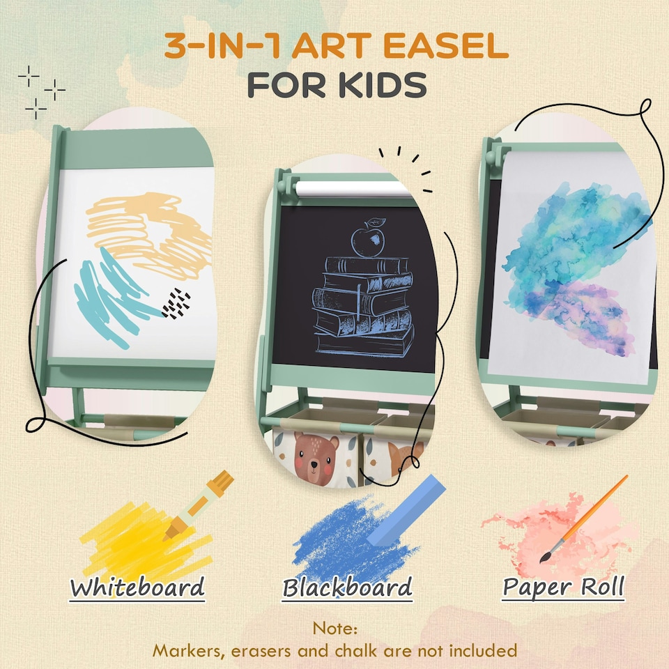 image 1 of AIYAPLAY Kids Easel with Paper Roll, 3 in 1 Art Easel Blackboard, Whiteboard 