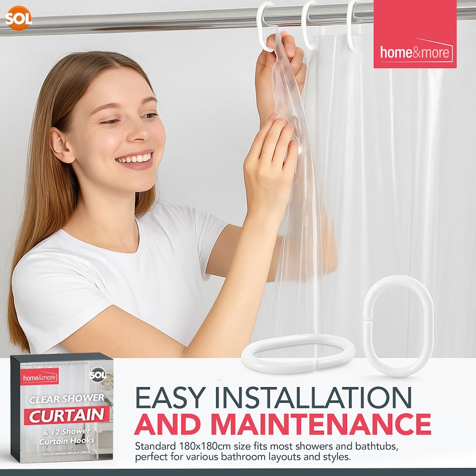 image 1 of Clear Shower Curtain 180x180cm with 12 Hooks Waterproof Plastic Bath Liner with Rust Proof Grommets Anti Mould and Easy to Install