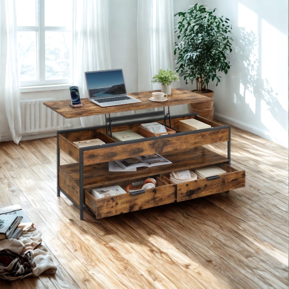 image 1 of Industrial Lift Top Coffee Table With Drawers Rustic Brown