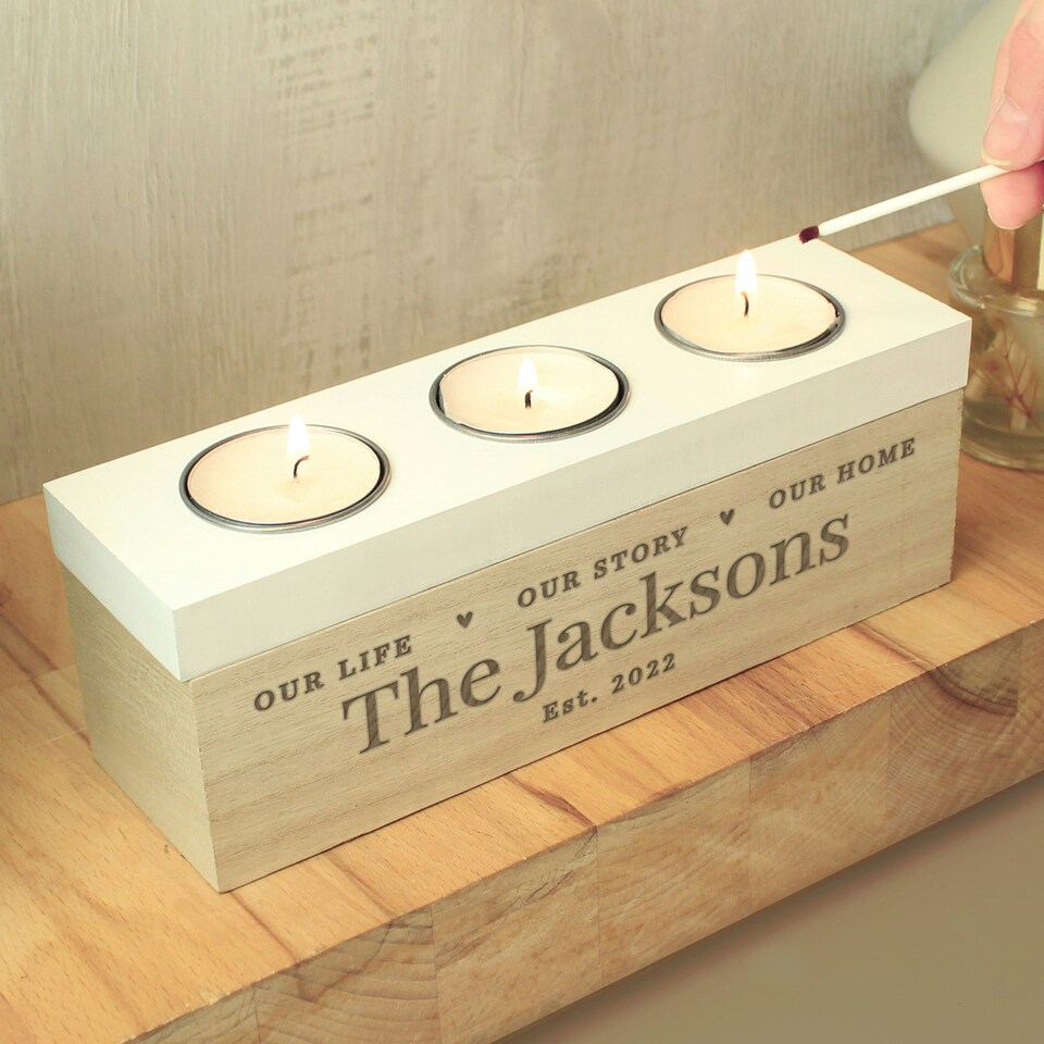 image 1 of Personalised Our Life Story & Home Triple Tea Light Box Brown