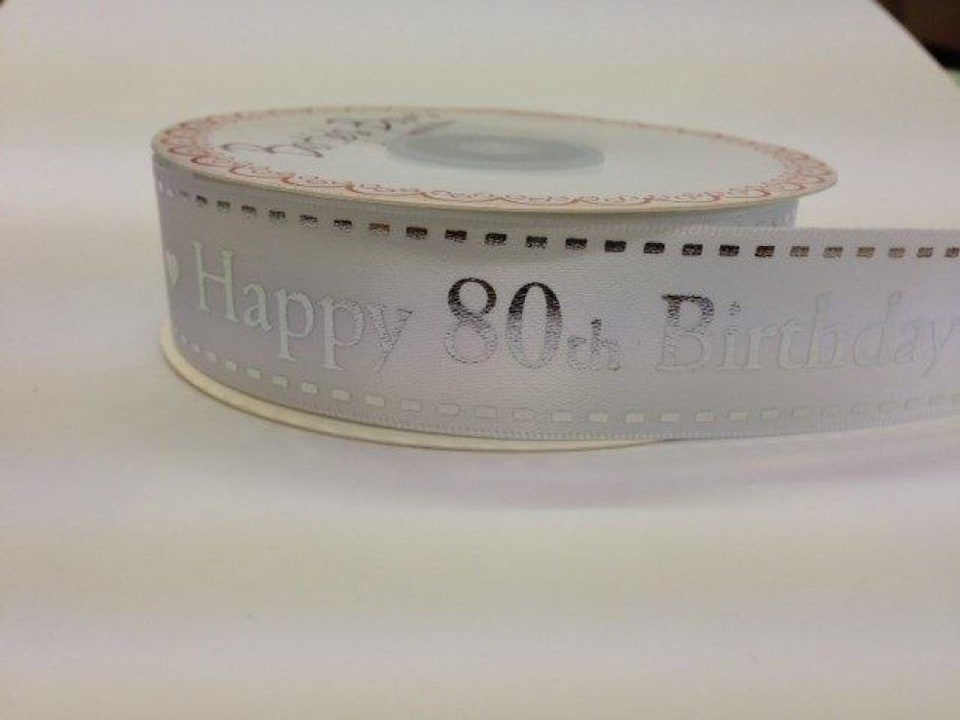 Bertie's Bows White & Silver 80th Birthday 25mm Happy Birthday Ribbon for Dressmaking - per metre