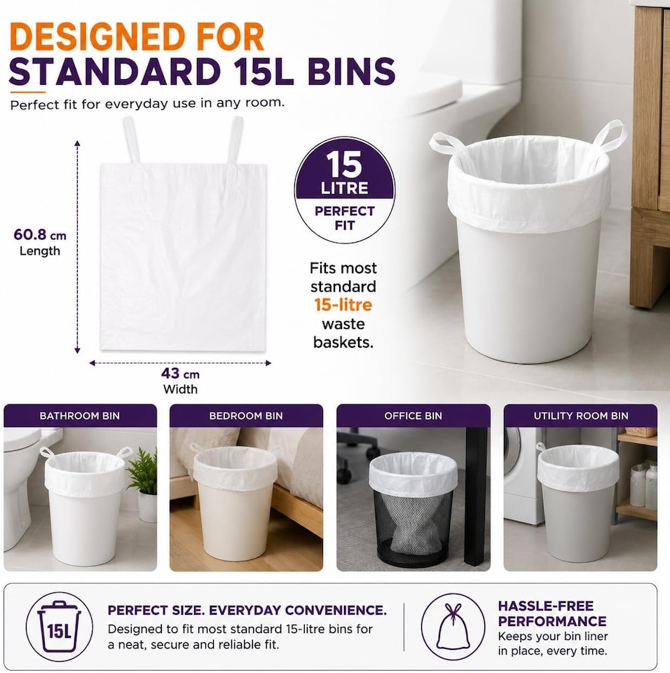 image 1 of Hero 15L White Tie Handle Bin Liners - Pack of 40 Small Waste Basket Bags for Bathroom, Bedroom, Office & Utility Bins
