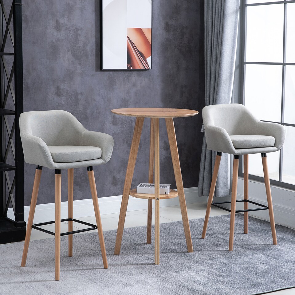 image 1 of HOMCOM Set of 2 Bar Stools Modern Upholstered Seat Bar Chairs with Metal Frame, Solid Wood Legs Living Room Dining Room Fabric Furniture - Beige