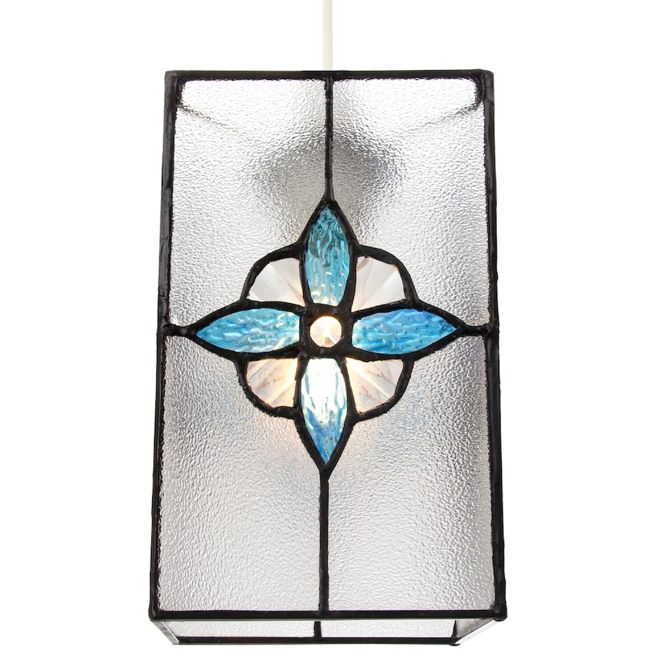 image 1 of Traditional Clear Glass Tiffany Style Pendant Light Shade with Teal Panels | Blue | Teal | 1
