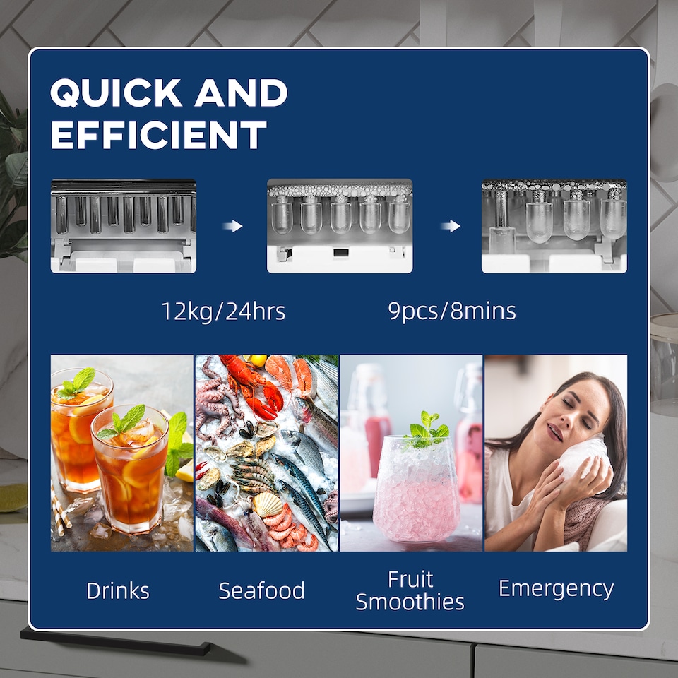 image 1 of HOMCOM Countertop Ice Machine, 12Kg in 24 Hrs, 9 Cubes Ready in 8 Mins, Portable Ice Cube Maker w Self-Cleaning, Adjustable Ice Size, Ice Scoop, Basket for Home, Kitchen, No Plumbing Required, Black