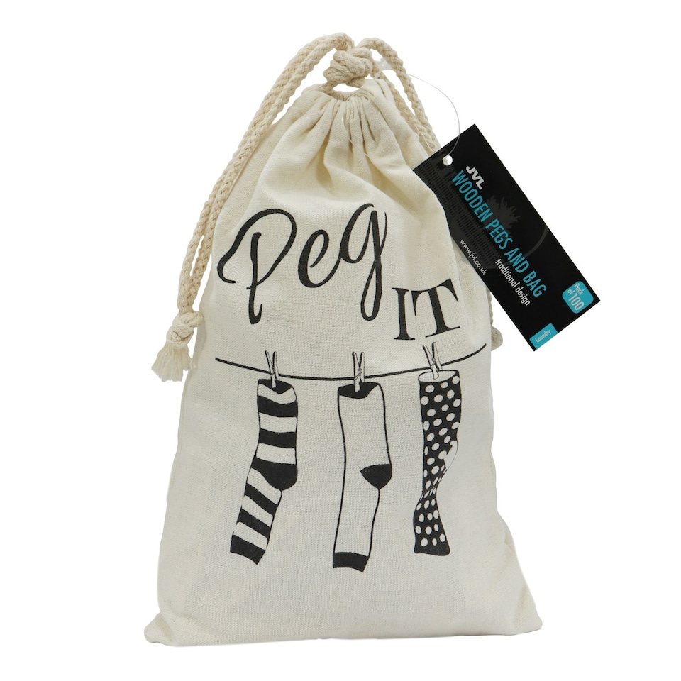 image 1 of JVL Peg It Bag with Wooden Pegs, Pack of 100