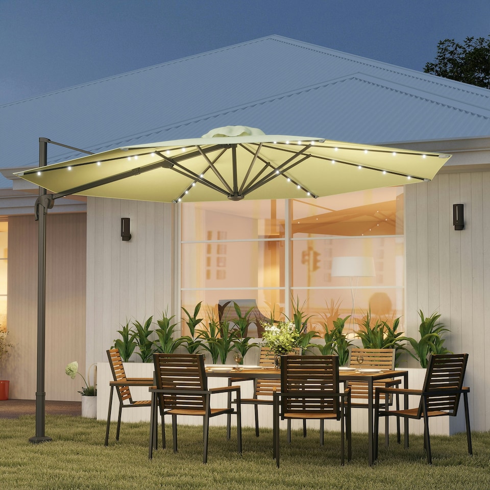 image 1 of Outsunny 3(m) Cantilever Parasol Patio Sun Umbrella w/ Base Solar Lights Beige