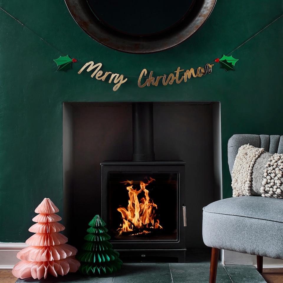 image 1 of Gold 'Merry Christmas' Holly Card Banner 2m | Multi