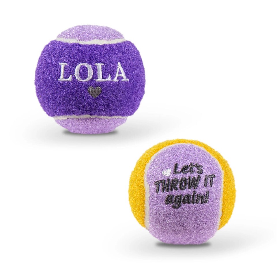 image 1 of Pre-Personalised Dog Ball Gift Pack 2pcs Purple Lola