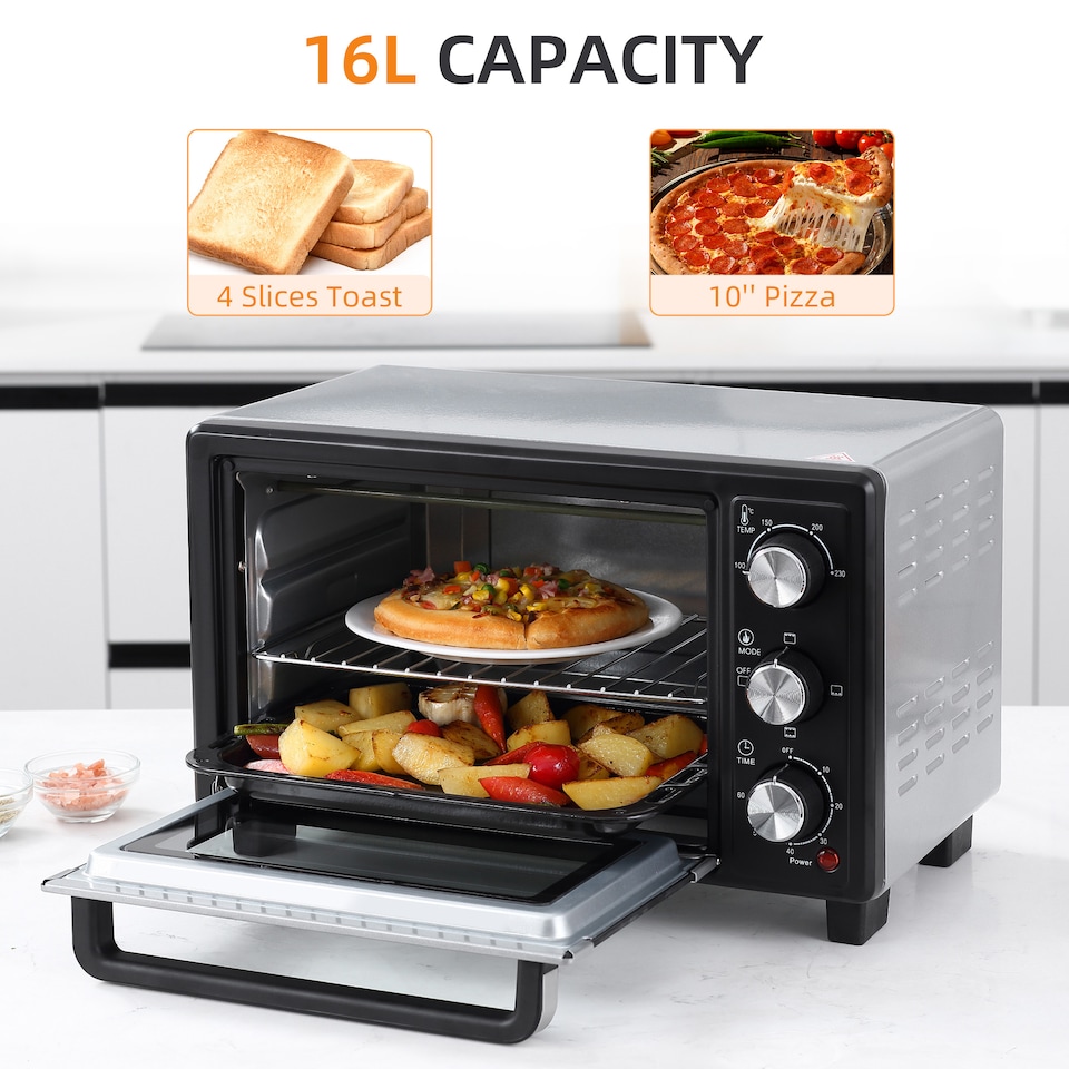 image 1 of HOMCOM Mini Oven 16L Countertop Oven w/ Adjustable Temp Timer 1400W, Silver