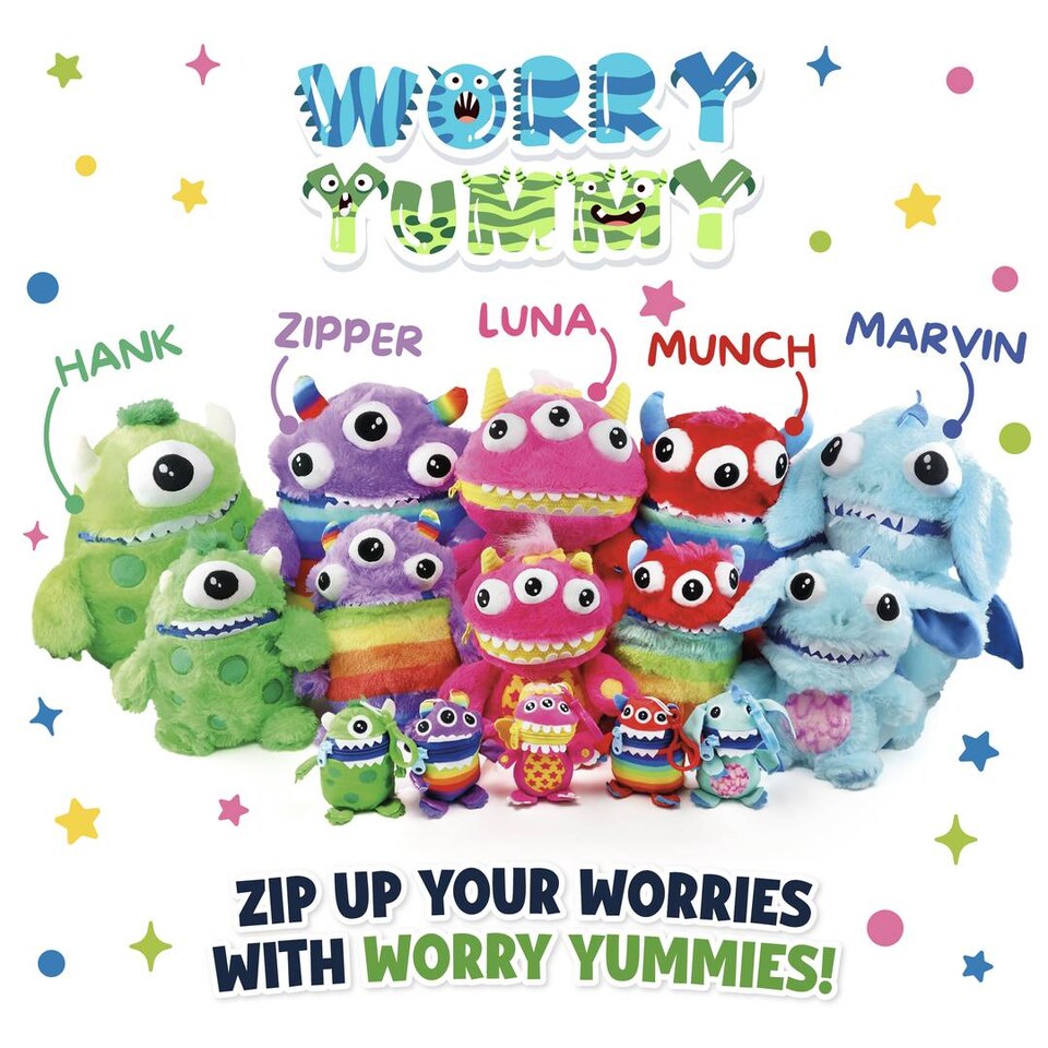 image 1 of Kids Worry Yummy Monster Cuddly Plush Toy Gift Set of 3 - Jumbo, Large and Clip-On Sizes Included