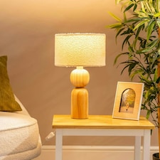 ValueLights Azalea Rustic Wooden Bedside Table Lamp with a Boucle Drum Lampshade Cream