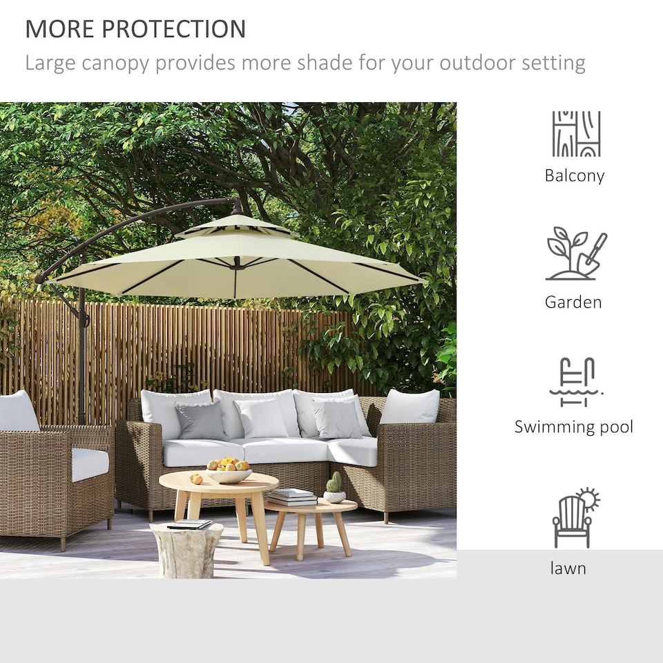 image 1 of Outsunny 2.7m Cantilever Banana Parasol Outdoor Sun Shade w/ Crank, Beige
