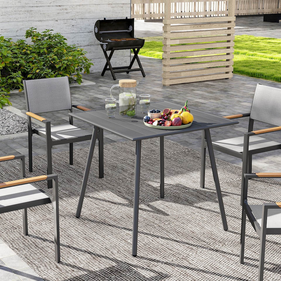 image 1 of Outsunny Garden Dining Table for 4 Person, Square Outdoor Table with Easy Clean Slat Top, Rust Resistant Steel Frame, for Terrace, Balcony, 80 x 80 x 74 cm, Grey | Grey