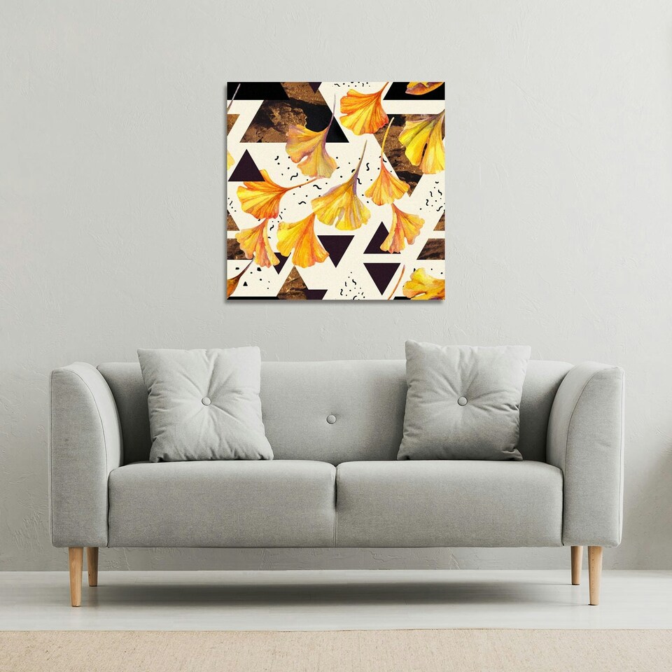 image 1 of Orangle Flowers and Triangles (Canvas Print) 90 x 90 x 4cm