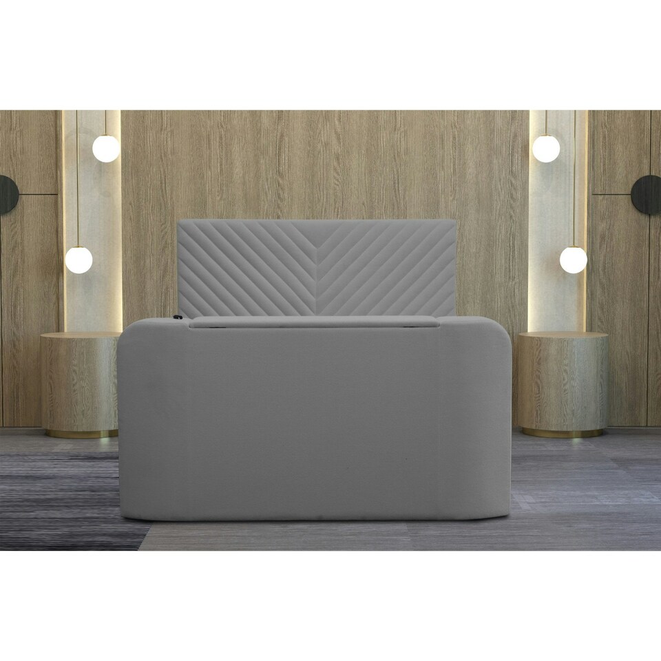 image 1 of Grey Velvet Criss Cross Ottoman TV Bed With Storage Smart Bed With Remote Control TV Footboard Operation – King Size