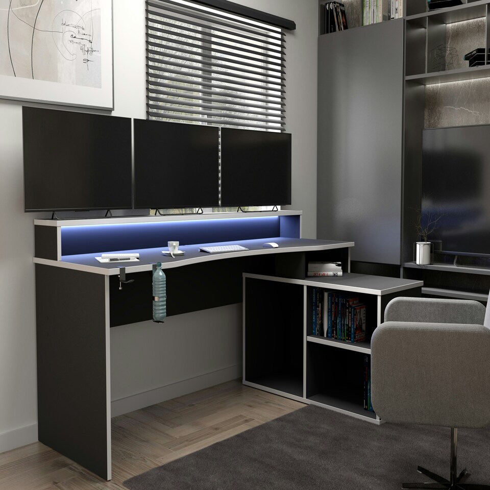 image 1 of Tezaur Black Storage Gaming Desk 3 Shelves with Colour Changing LED