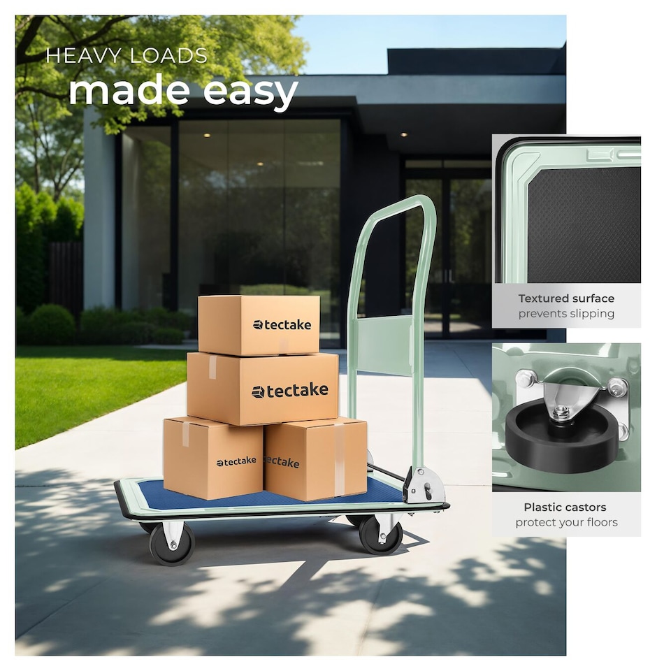 image 1 of Folding Trolley - 2 fixed, 2 swivel wheels, 150 kg load capacity, 73 x 47 cm load bed