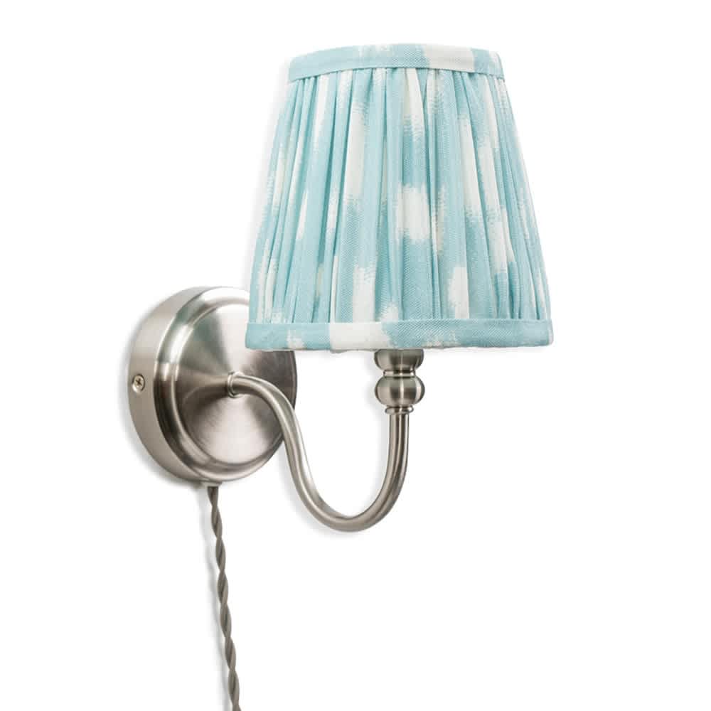 ValueLights Plug In Brushed Chrome Wall Light with Blue Pleated Fabric Tapered Lampshade