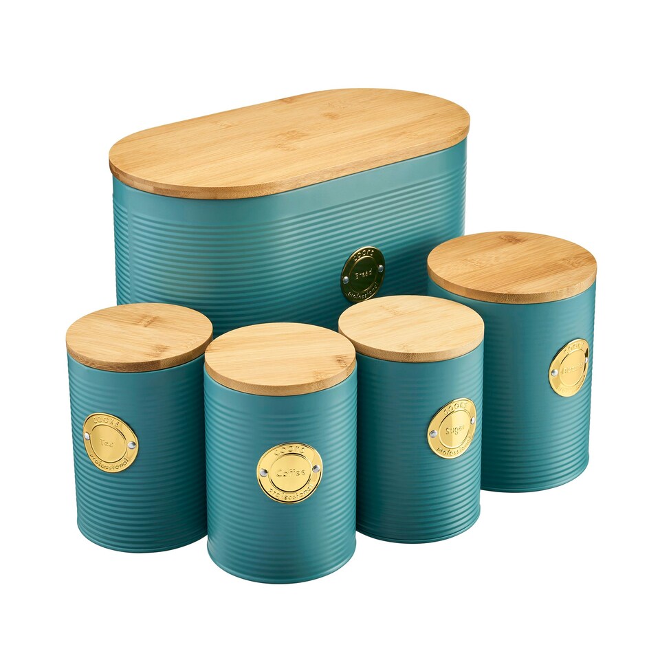 image 1 of Cooks Professional 5 Piece Ribbed Tea, Coffee, Sugar, Biscuit & Bread Cannisters with Bamboo Lids | Stainless Steel Kitchen Storage Bins | Teal & Gold