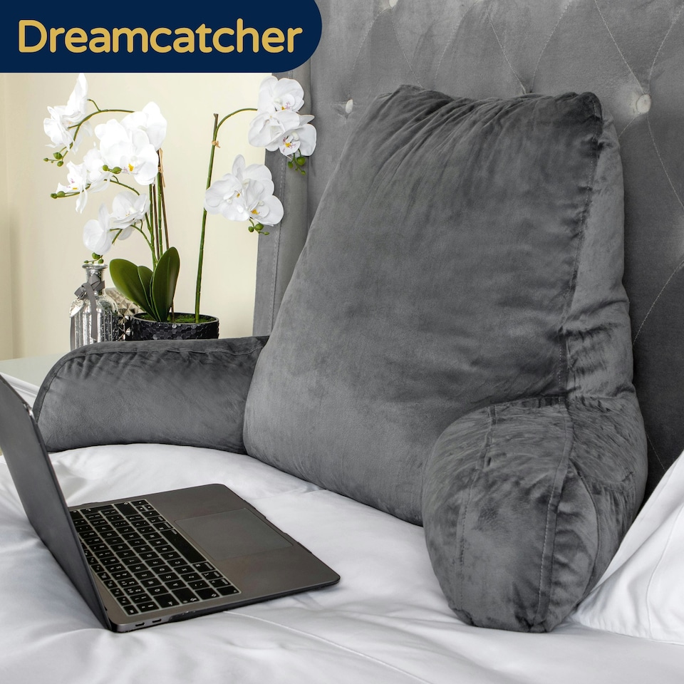 image 1 of Dreamcatcher Grey Reading Pillow Memory Foam Large Bed Cuddle Cushion, Gaming Cushion with Washable Velvet Cover | Grey | Grey | Large | 1