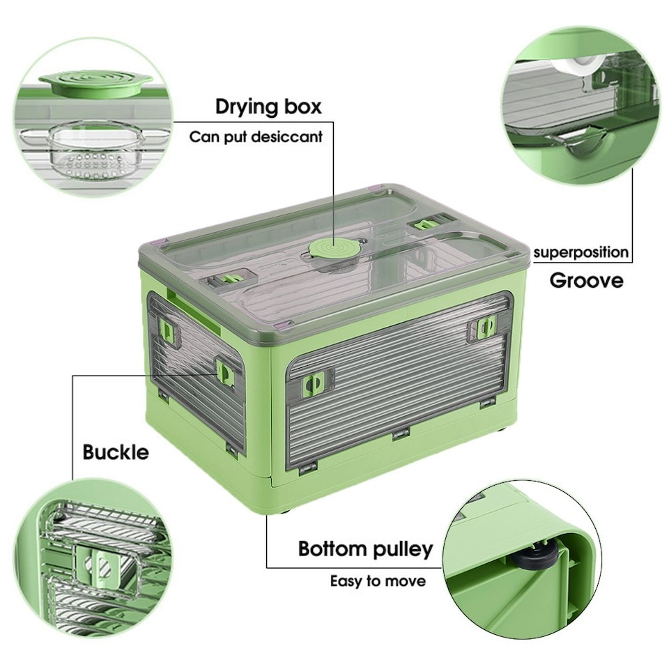 image 1 of Living and Home Transparent Folding Storage Box with Wheels, 60x42x33