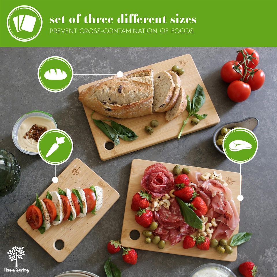 image 1 of Nicola Spring 3pc Rectangle Bamboo Chopping Board Set | Brown | Brown | 3