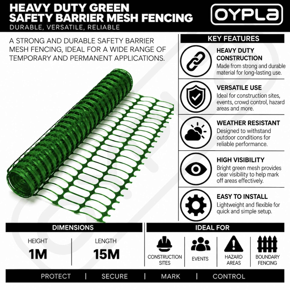 image 1 of Heavy Duty Green Safety Barrier Mesh Fencing 1mtr x 15mtr | Green | 1