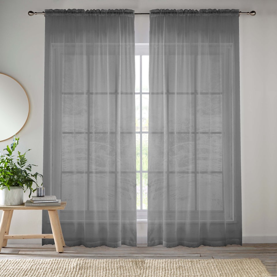 image 1 of Sheer Grey Plain Woven Voile Slot Top Curtain Panel Pair (57x90") 145x229m