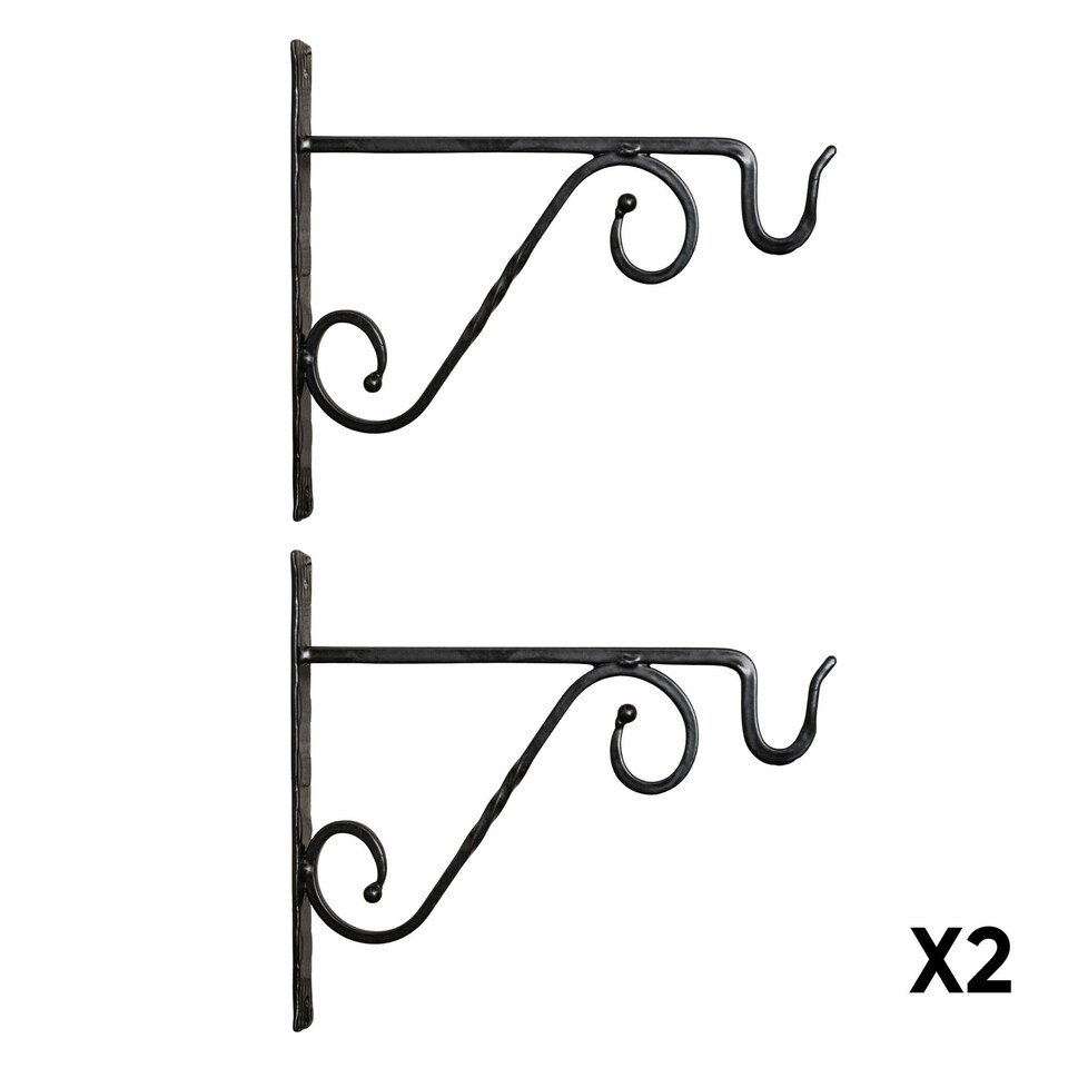 image 1 of Pack of 2 Tom Chambers Heavy Duty Handcrafted Metal 35cm Black Twisted Wall Bracket Hook For Garden Patio Hanging Basket Planter Bird Feeder | Black | Black