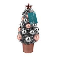 Rose Gold & Silver Tinsel Christmas Tree with Baubles Decoration 20cm