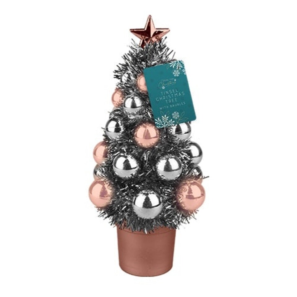 Rose Gold & Silver Tinsel Christmas Tree with Baubles Decoration 20cm