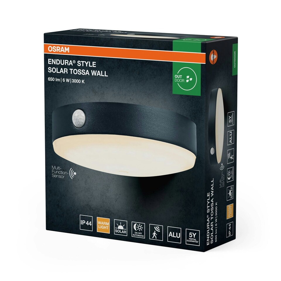 image 1 of OSRAM ENDURA Style Tossa Solar Wall Light Sensor 3000K Black