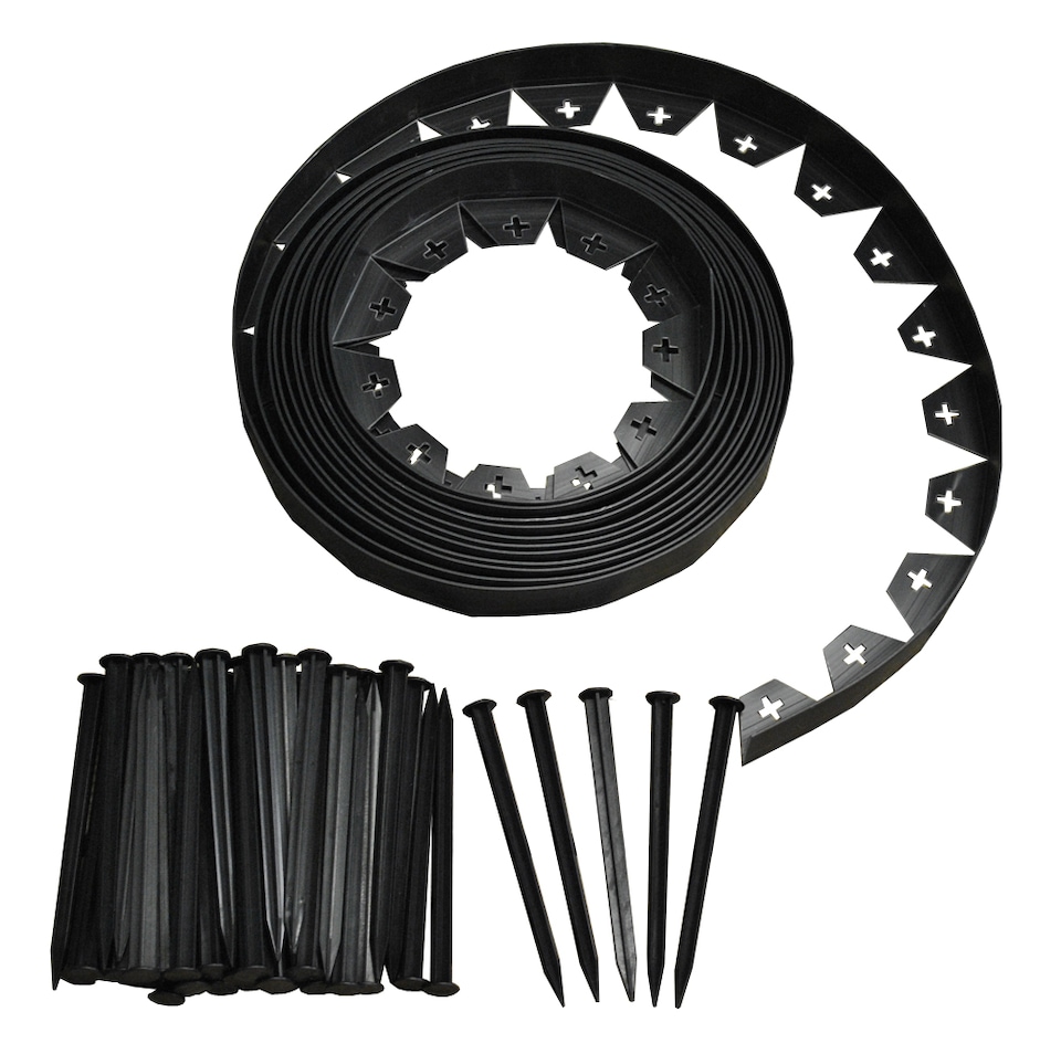 image 1 of Flexible Black Plastic Garden Lawn Edging Roll with 40 Pegs (10m)
