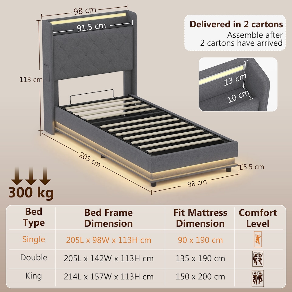 image 1 of HOMCOM Lift up Storage Bed Frame with RGB LED Lights, 90 x 190cm, Dark Grey