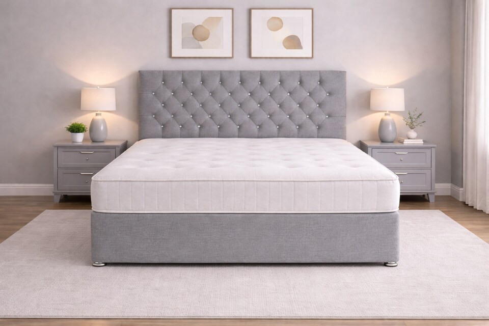 image 1 of 6FT Silver Linen Divan Bed With Headboard & Memory Sprung Mattress No Drawers