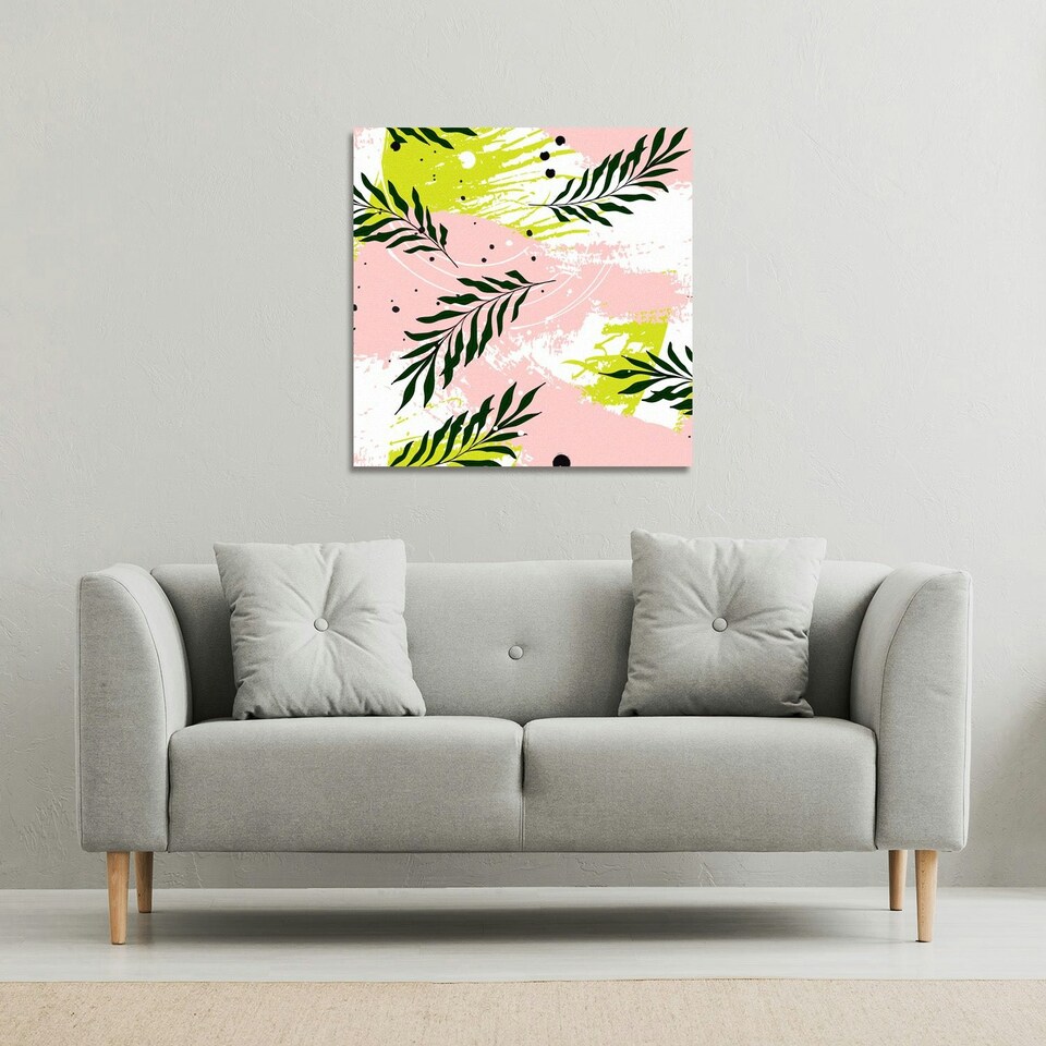 image 1 of Green Leaves on Brush Strokes (Canvas Print) 77 x 77 x 4cm