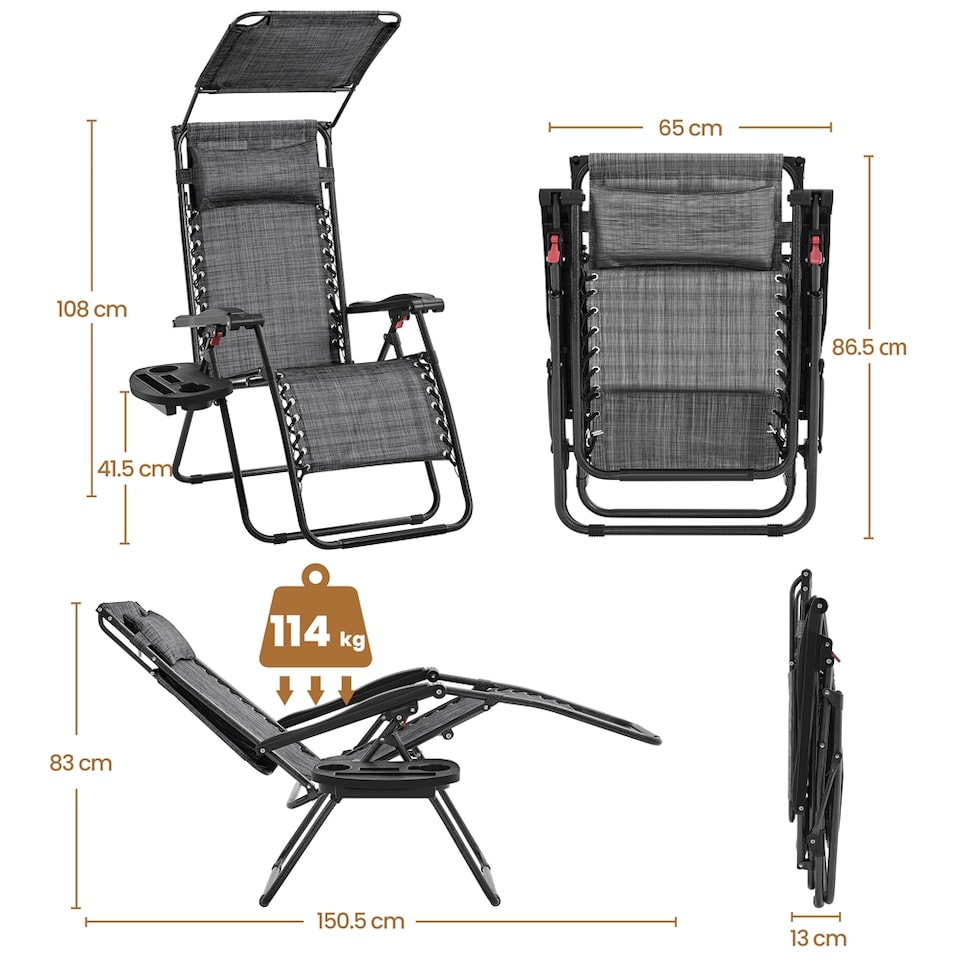 image 1 of Yaheetech Foldable Reclining Lounge Chair with Cupholder/Pillow-Grey | Grey | Grey | One Size