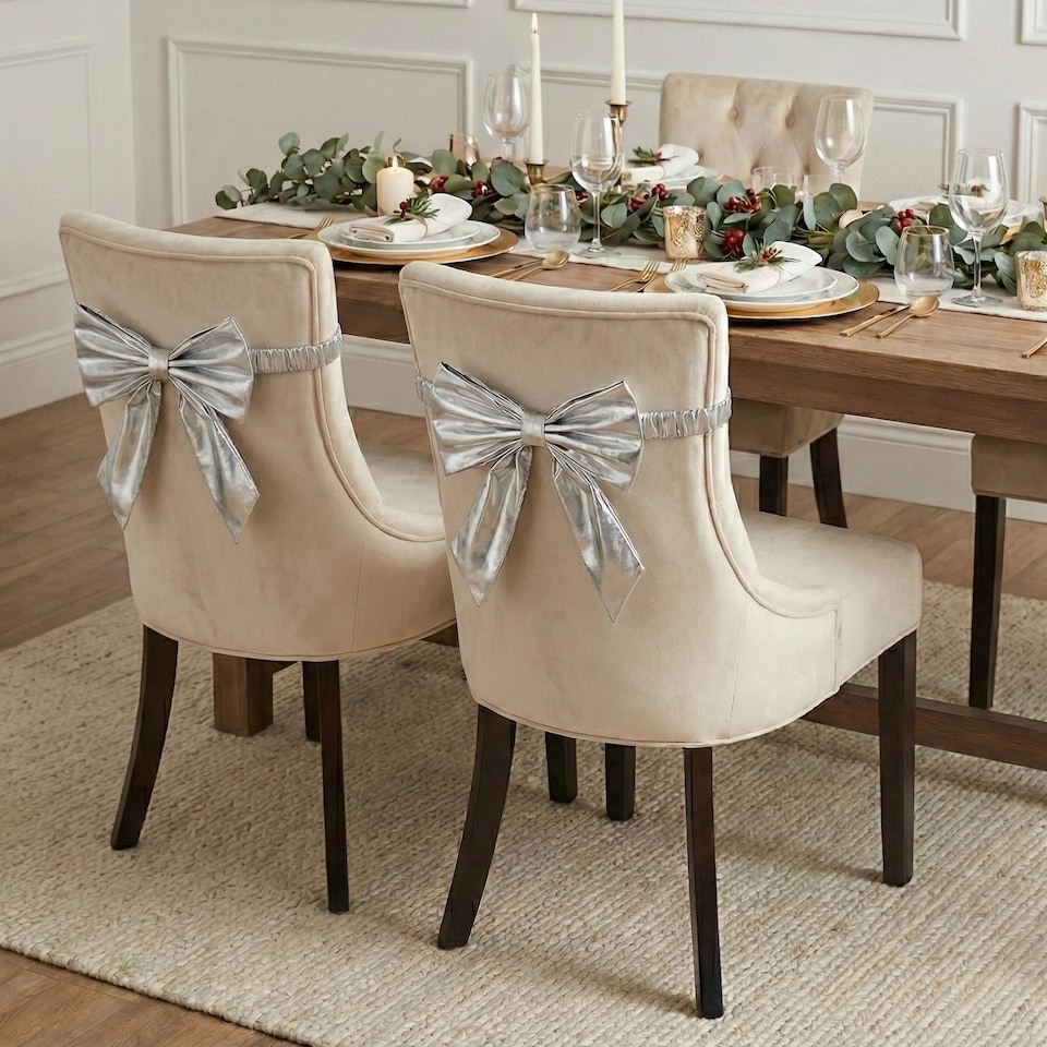 image 1 of 50cm Large Metallic Christmas Chair Bows Sashes Party Dining Decor Wedding | Silver | Silver | Set of 4