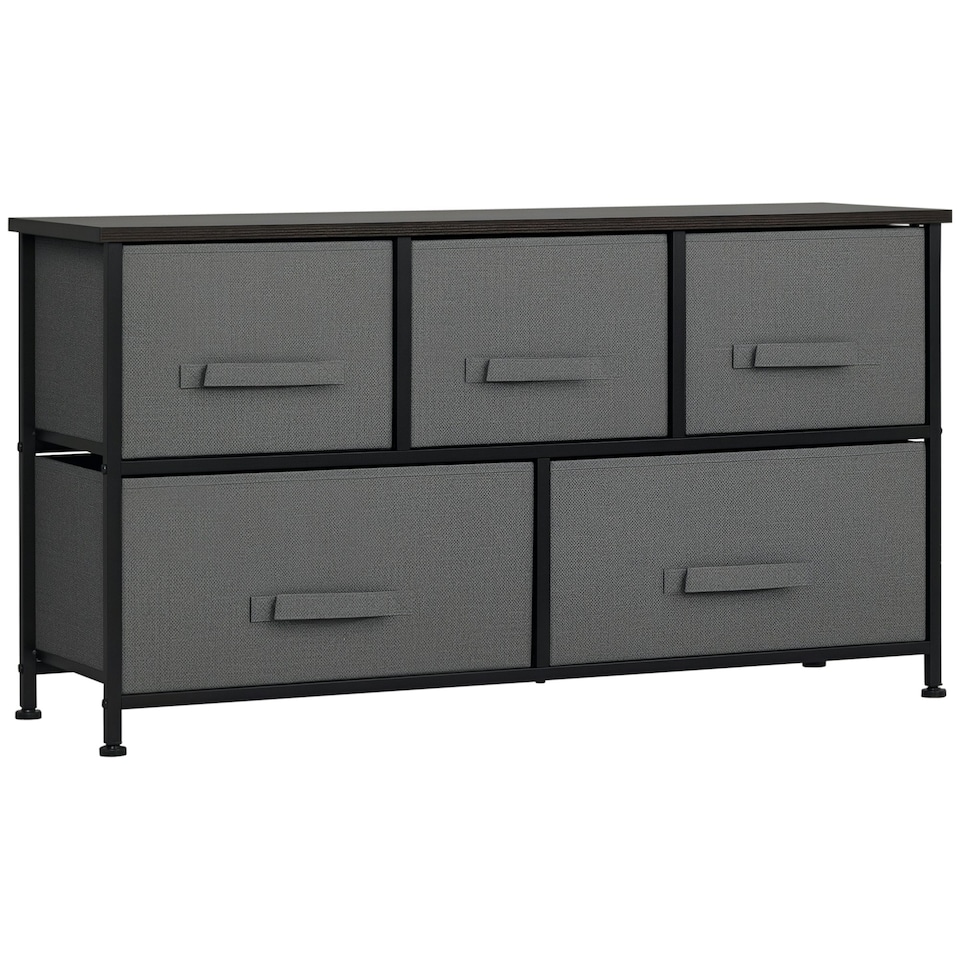 image 1 of HOMCOM Chest of Drawers, 5 Drawer Fabric Dresser for Bedroom, Dark Grey