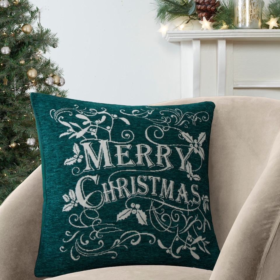 Portfolio Home Mistletoe & Holly Merry Christmas Filled Cushion 43x43cm