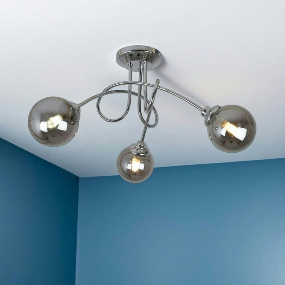 image 1 of Bungo 3 Light Polished Chrome & Smoked Glass Semi Flush Ceiling Light