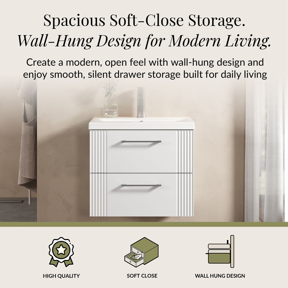 image 1 of Wall Hung 2 Drawers Vanity Unit - Mid-Edge Basin 600mm, Satin White | White | Satin White | 390 x 610 x 540mm